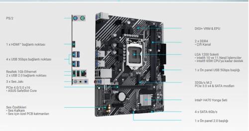 ASUS PRIME H510M-F R3.0-CSM 1200P DDR4 SES GLAN HDMI SATA3 USB3.2 mATX 10-11" NESİL